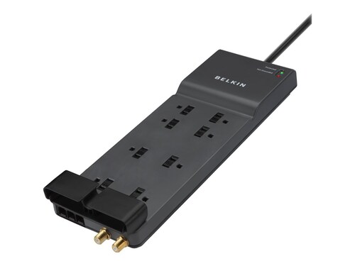 Belkin 8-Outlet 3550J Right Angle Plug Surge Protector w  12ft Cord - Tel + Coax Prot - Gray - 20% off Instant Savings